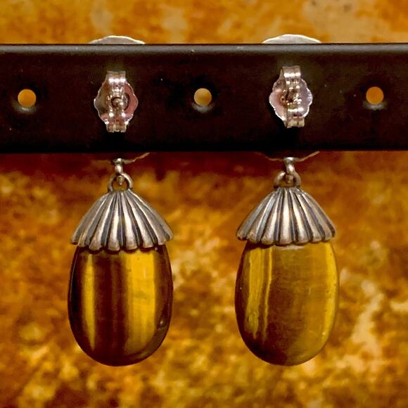 Carolyn Pollack Earrings Sterling Silver, Tigers Eye & Carnelian Agate Dangle - Picture 7 of 7